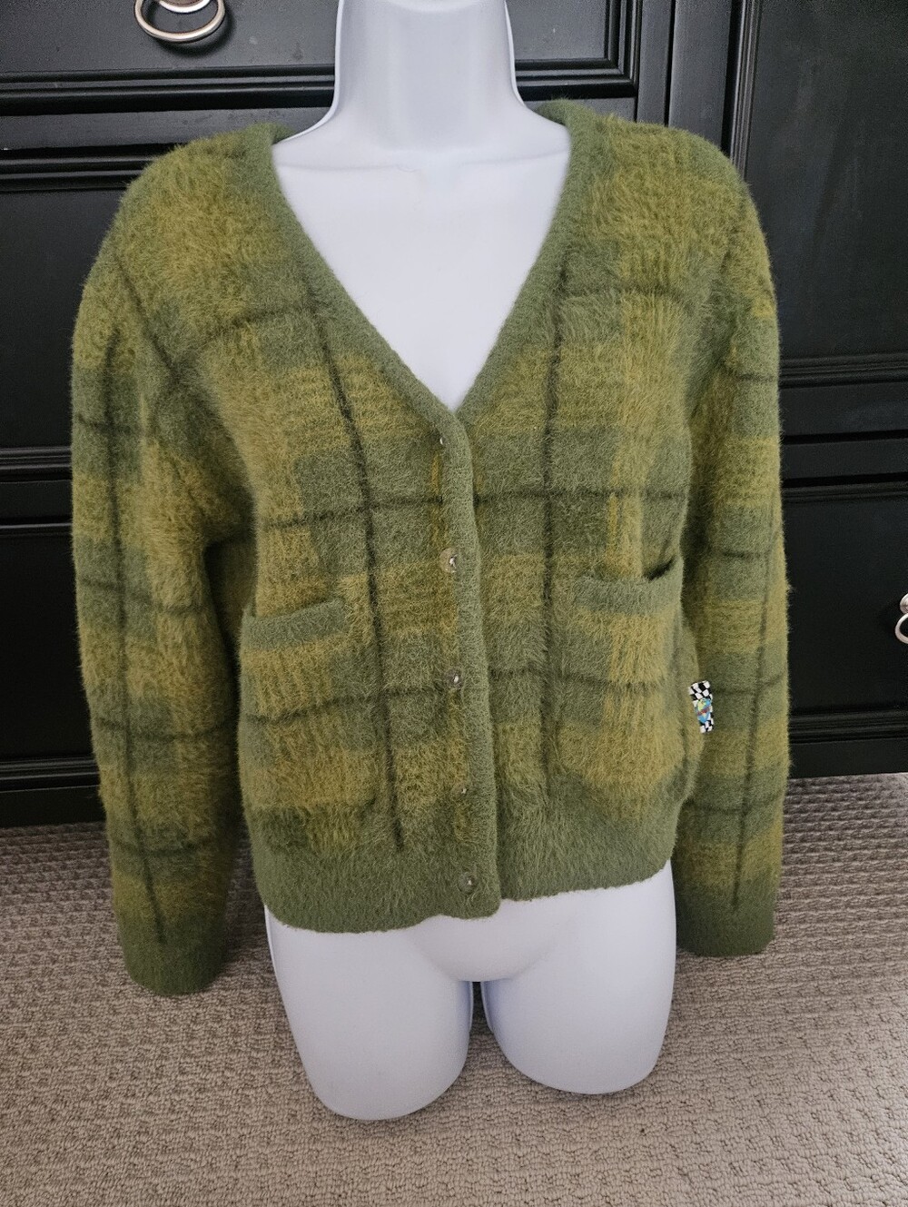 UNIF Ty Cardigan in Multi Green Plaid - Size Medium